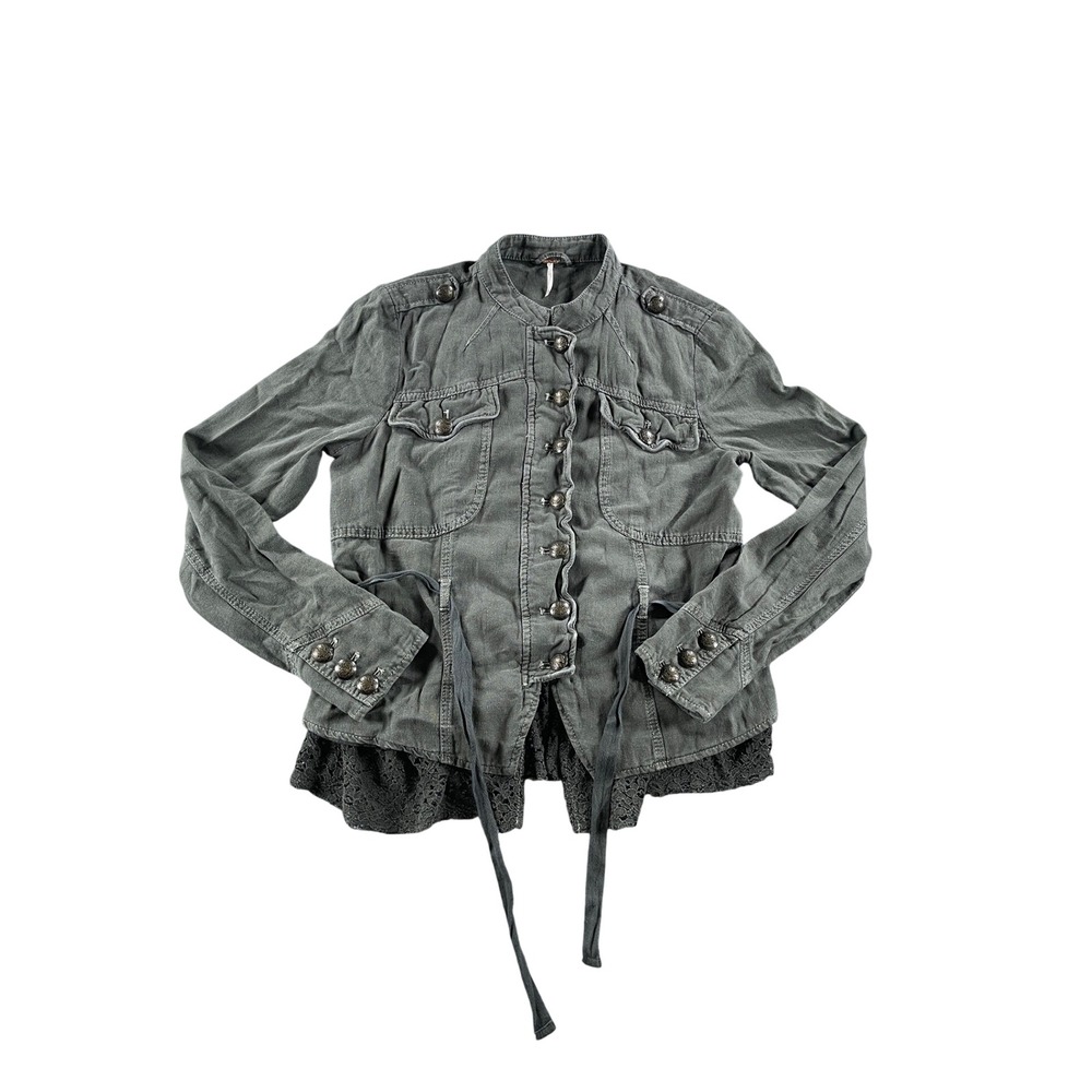Free People Military Utility Lace Trim Jacket Grey Green Button Up Small